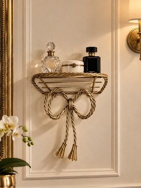Vintage Hollywood Regency Gold Metal Mail Holder Letter Rack Twisted Rope Bow